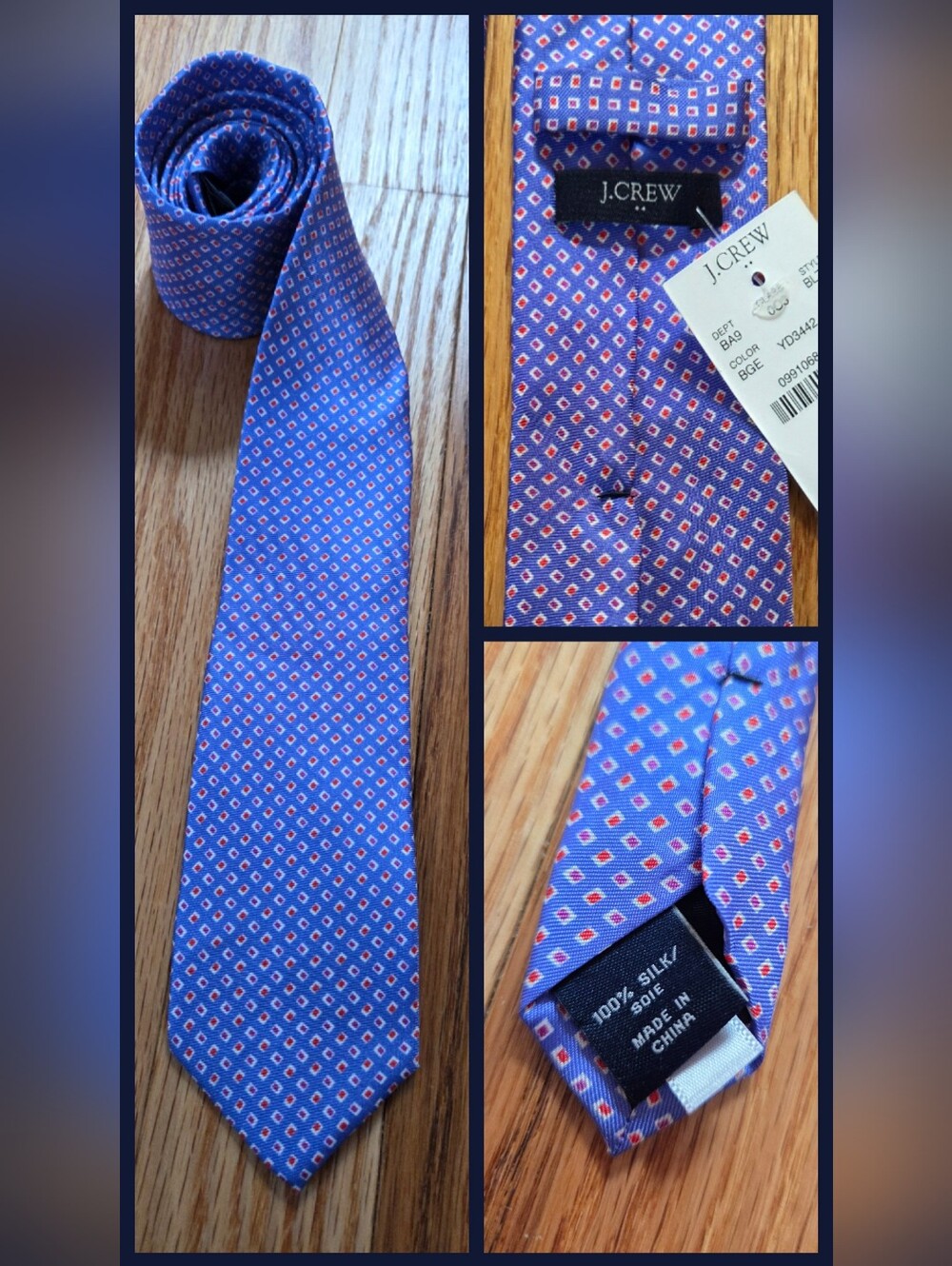 NWT J.Crew Slim Silk Tie – Blue & Red/Purple Geometric Micro-Dot